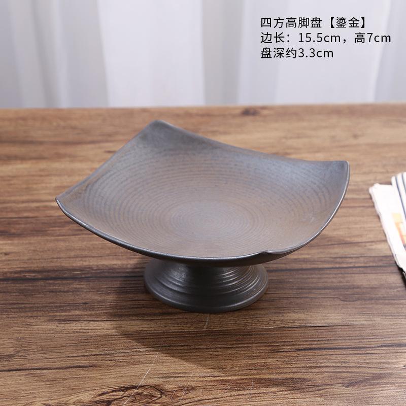 Chinese Retro Glazed Ceramic Plate High Foot Fruit Dish Japanese Zen Tea Tray for Home