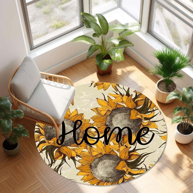 Cute Highland Cow Sunflower Round Carpet Farmhouse Living Room Bedroom Home Floor Decor Mat Soft Non-slip Circle Rug