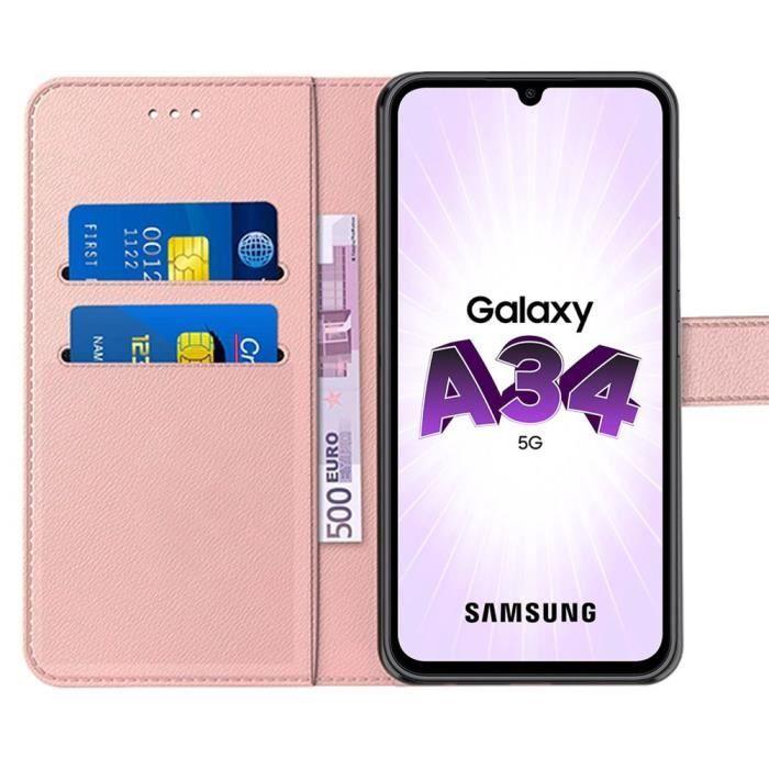 Coque de protection pour Samsung Galaxy A34 5G - BOOLING - Rose - Effet Cuir - Antichoc - 2 Verres Trempés