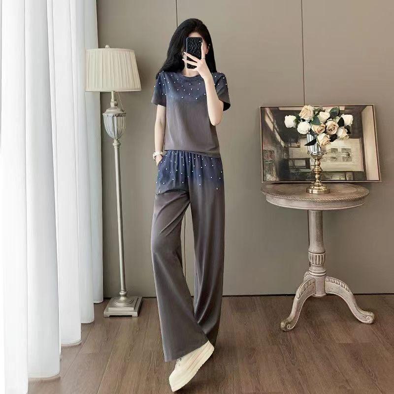 Gradient Beaded Casual Sports Suit for Women - Summer Fashion Two-Piece Set 2XL