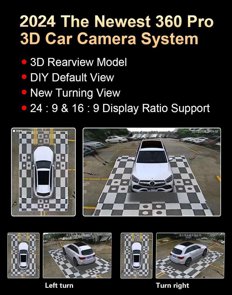360° HD Dashcam with 3D Reversing Assist, Four-Lens Universal Car Camera