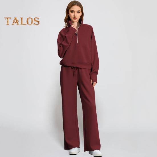 2 ks/sada dámských topů a kalhot, sada s poloviční zipem, odkládacím límcem, dlouhým rukávem, mikinou s elastickým pasem a širokými nohavicemi, sportovním oblečením, podzimním oblečením a volnočasovými aktivitami