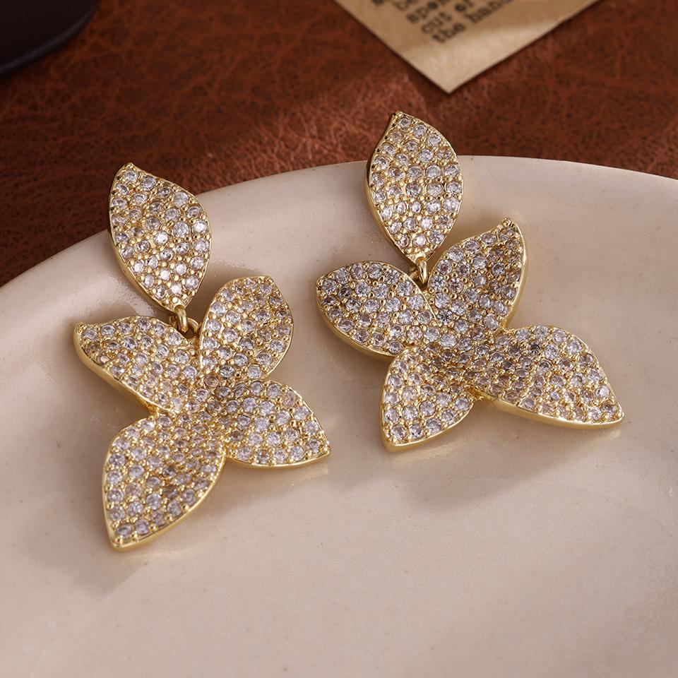 ZAKOL Brand New Micro Paved AAA Zirconia Big Leaf Flower Earrings for Women Luxury Elegant Wedding Zircon
