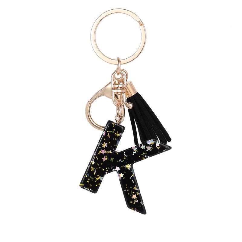 Black Glitter Star Sequins Resin 26 Letters Keychain Initials A-Z Keyring Tassel Charm Accessories Backpack Hanging Decoration