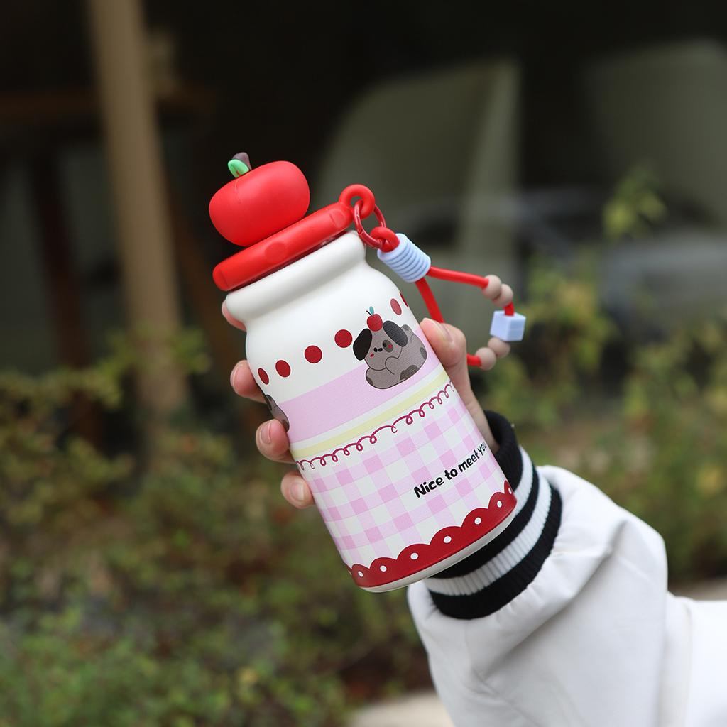 Water bottle: Carefully selected apple straw cup, stainless steel dual-drinking insulated cup, cute water cup with a handle