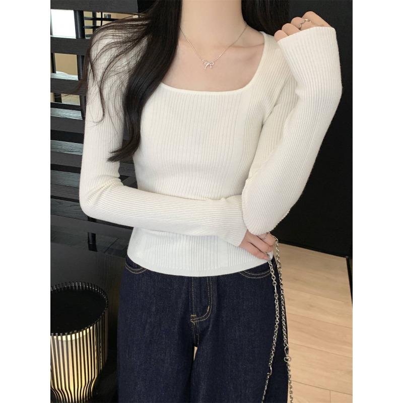

High-end square-neck knitted bottoming shirt women s spring and autumn inner sweater slim-fitting and thin casual long-sleeved top L абрикосовий
