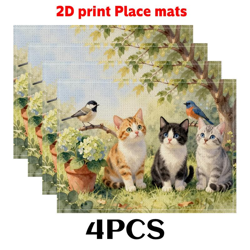

Kitten and Bird Placemats Set Garden Scene Design 2D Print Linen Table Mats for Home Kitchen Dining Decor 4PCS
