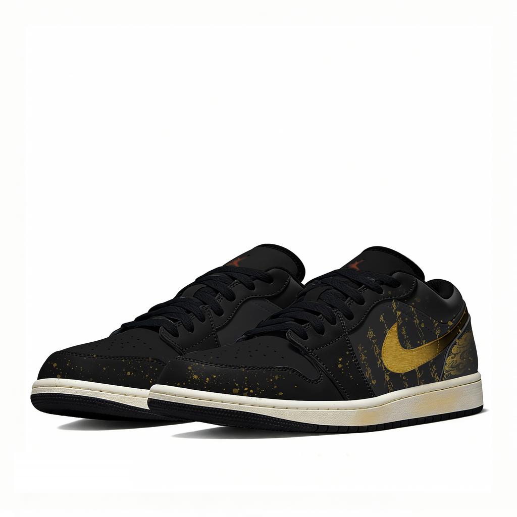 Jordan Air Jordan 1 Slip Resistant Abrasion Resistant Low Top Vintage Basketball Shoes Unisex Black Gold 553558-081(Team661-)