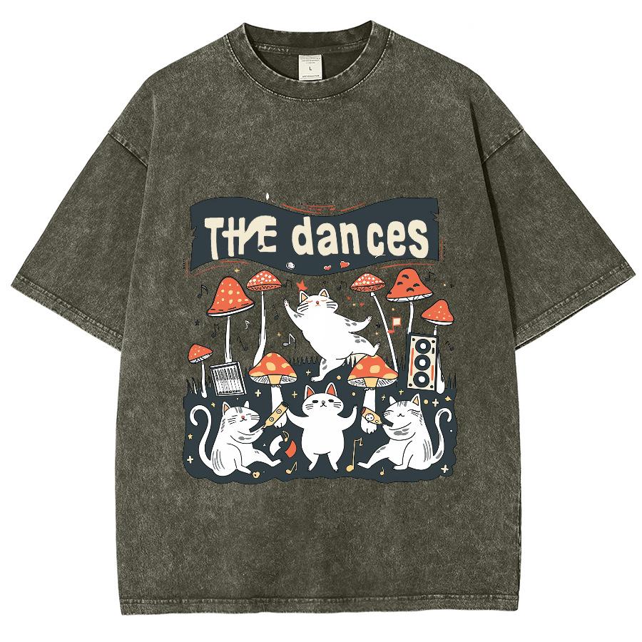 Cute Cat Cartoon Mushroom Print Ladies T-Shirt Casual Simple S серый