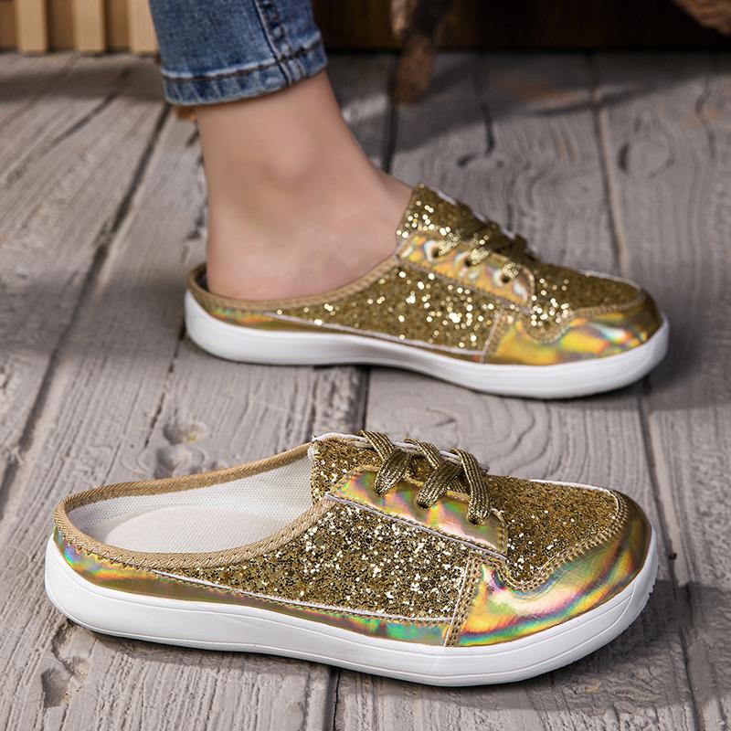 Pink Sequins Women's Flats Shoes Fashion Casual Glitter Sneakers Woman Half Slippers Summer Luxury Comfort Walking Loafers Shoes