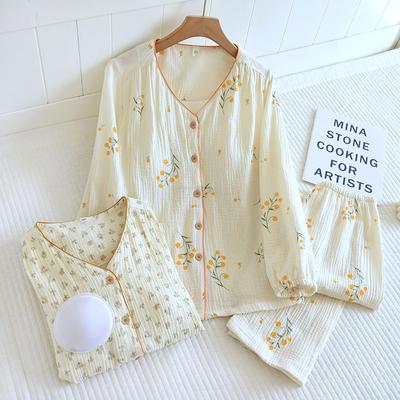 Novo conjunto de pijama feminino primavera/verão 100% algodão crepe calças de manga comprida conjunto de duas peças feminino com almofada no peito roupa de casa