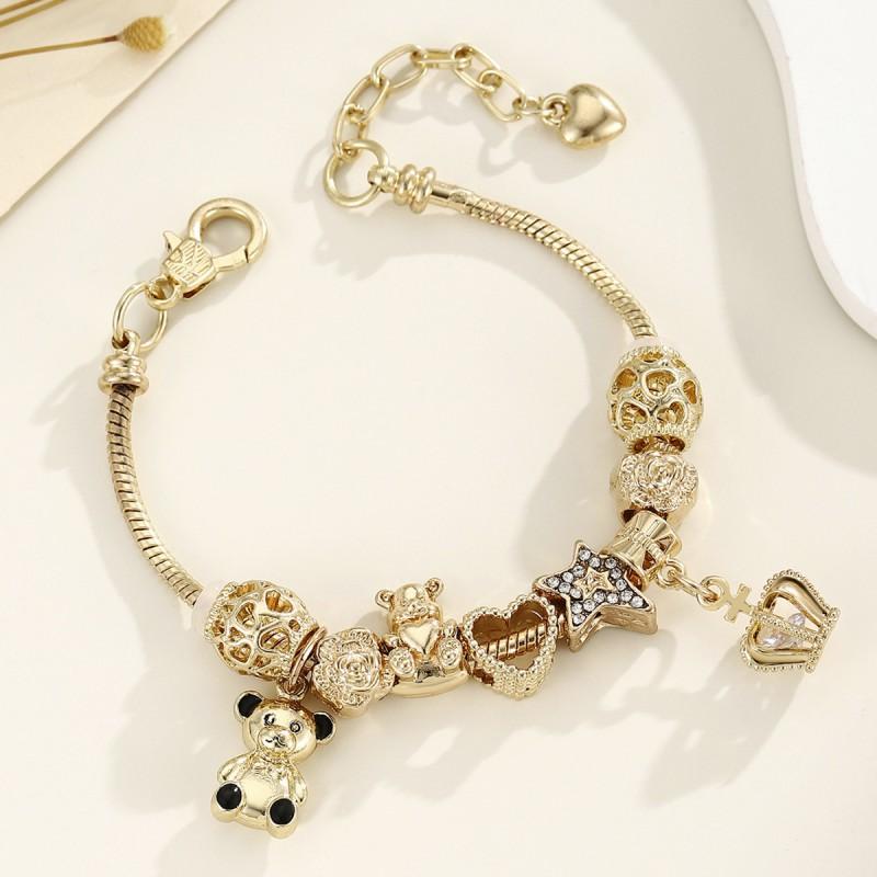 Adjustable Gold Plated Zinc Alloy Bracelet With Panda Crown Heart Charm Geometric Design Women