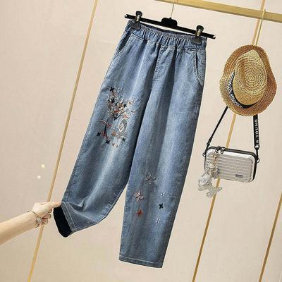 Frühling und Herbst bestickte Jeans mit hoher Taille große Größe lockere und dünne koreanische Studentinnen neun Harlan Daddy Hosen