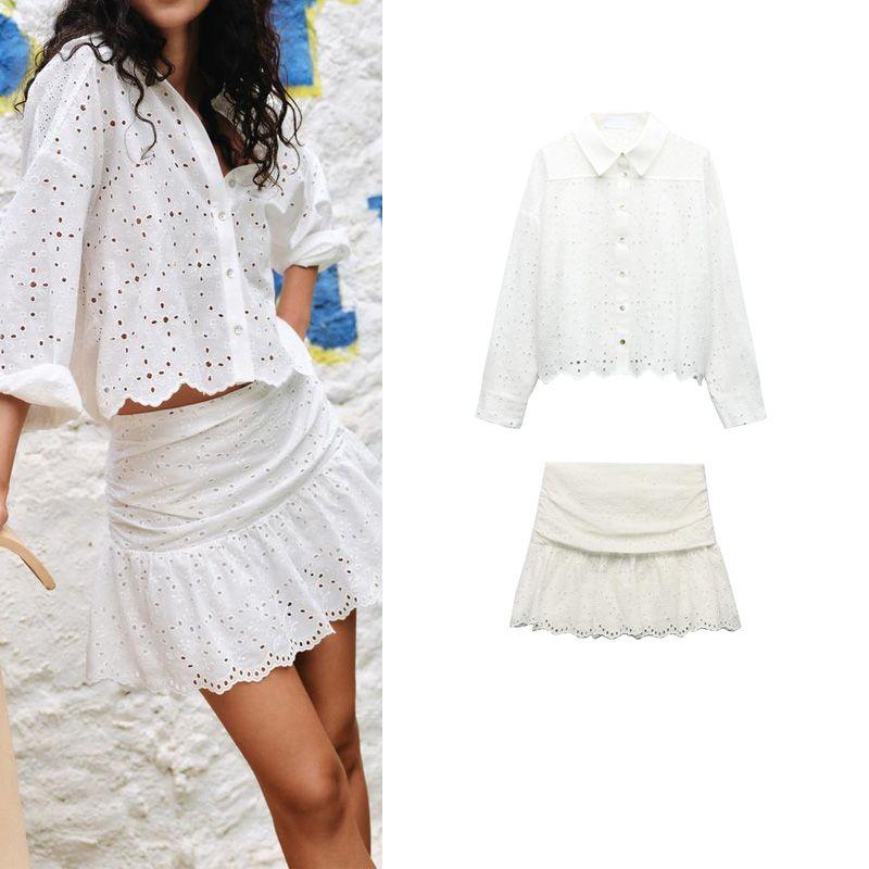 Spring New Long Sleeve Lapel Hollow Embroidery Shirts 3666088 High Waist Pleated Midi Dress 3564088