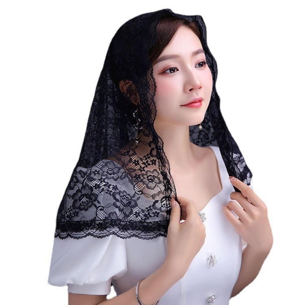 Flower Embroidered Chapel Veil Spanish Style Lace Edge Bridal Lace Headscarf Romantic Traditional Vintage Lace Head Covering