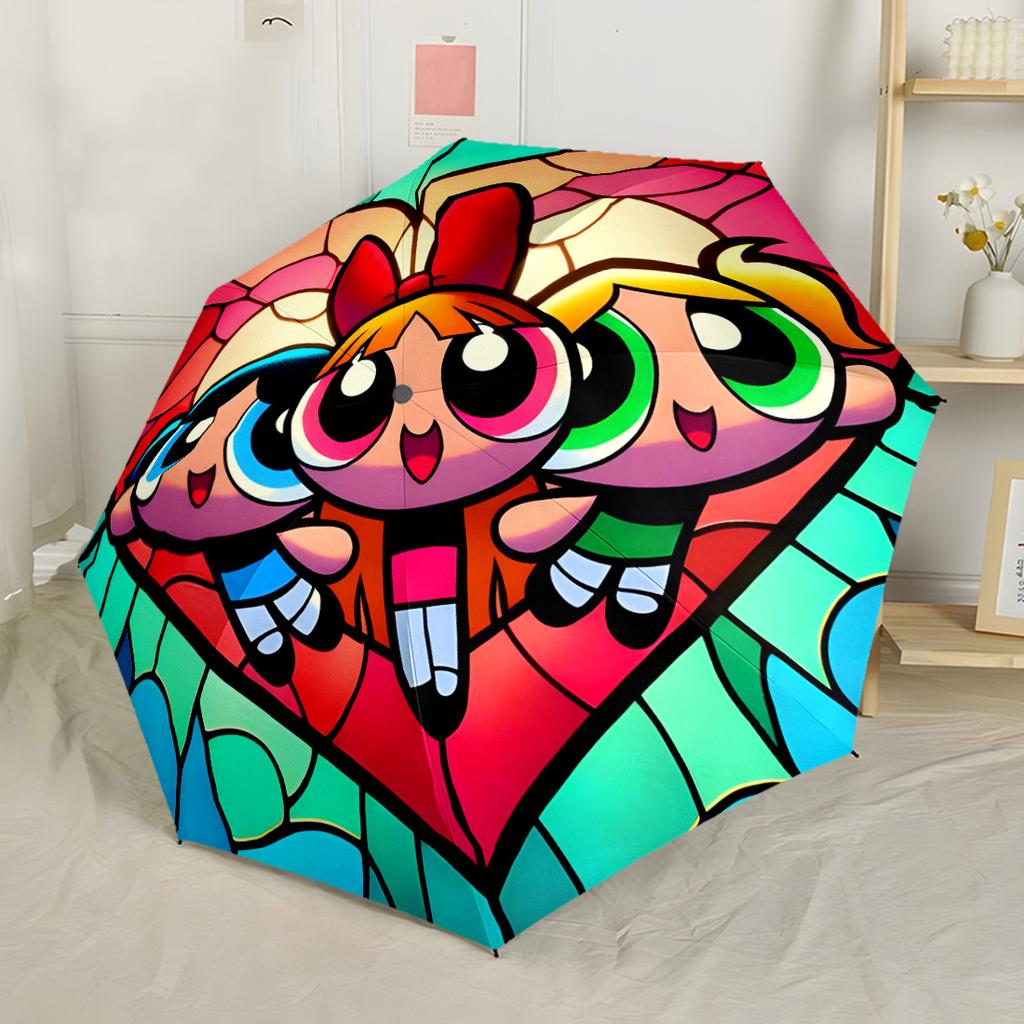 Powerpuff Girls Adventure Compact Travel Automatic Umbrella Compact 8-Rib Design Sturdy Construction All-Season Travel Vibrant Pattern Umbrella