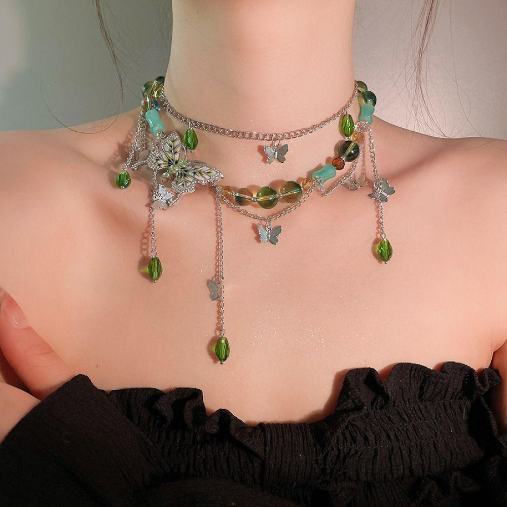 Y 2 K Choker Chain Necklace Green Crystal Rhinestone Butterfly Necklace Collarbone Chain