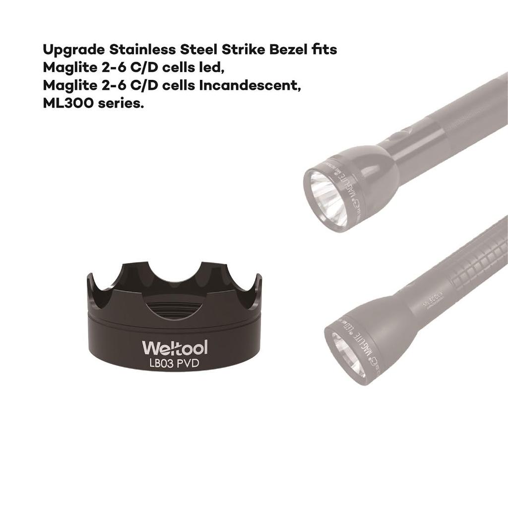 Weltool LB03PVD Flashlight Protective Strike for Maglite ML300L ML300 LX Bezel, Black, C/D &