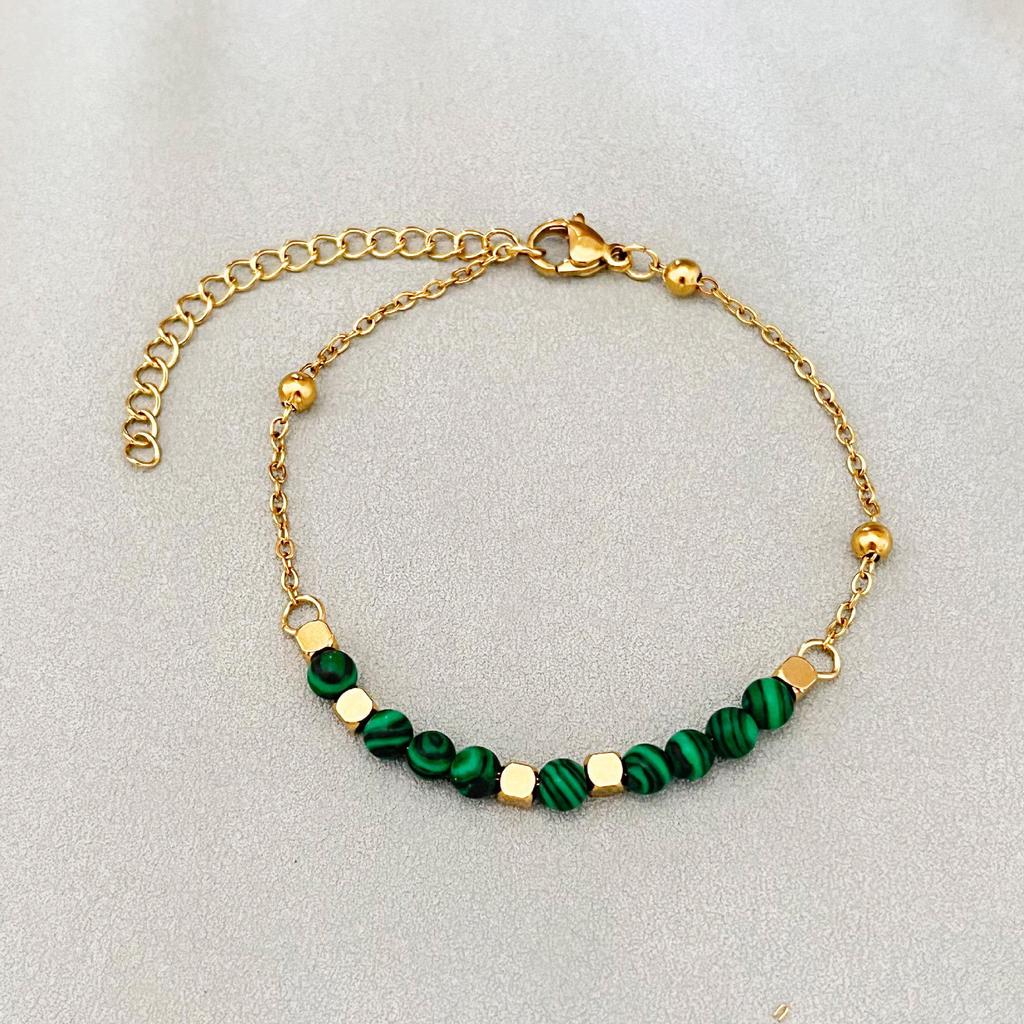 European & American Retro Malachite Sugar Cube Bracelet, 18K Gold Electroplated Stainless Steel Lux Beaded Women's Bracelet