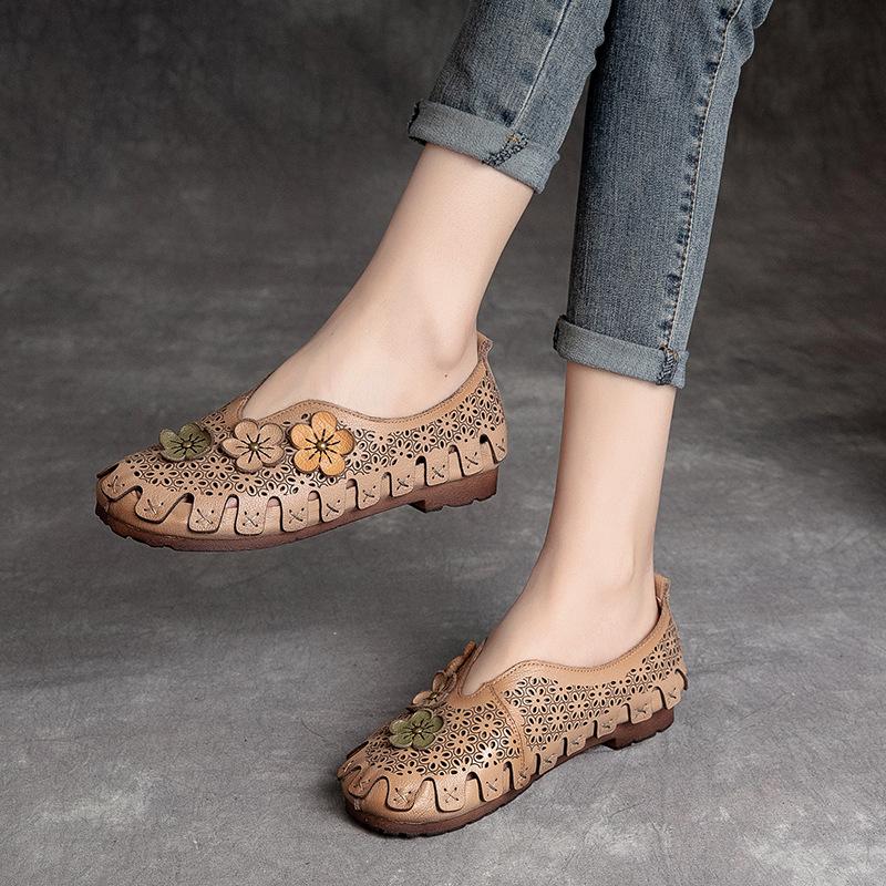 Fashion GKTINOO Women Loafers Genuine Leather Slip on Flowers Handmade Sneakers Ladies Shoes Comfy Fashion Summer Sandals Hollow Flats