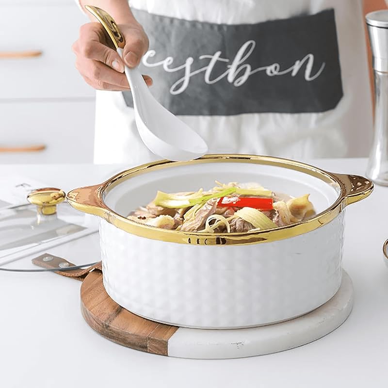 

Soup Tureen with Glass Lid and Spoon, Gold Trim Porcelain Serving Soup Bowls with Lid White Round 2pc set Serveware Big Serving Bowl, Elegant B