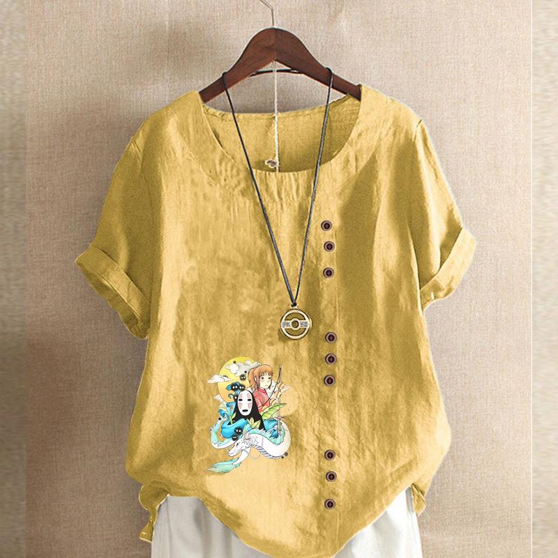 Women's New Fashion Linen Shirt Round Neck Short Sleeve Cartoon Characters Pattern Printed T-shirt Summer Ladies Casual Plus Size Blouse Tops