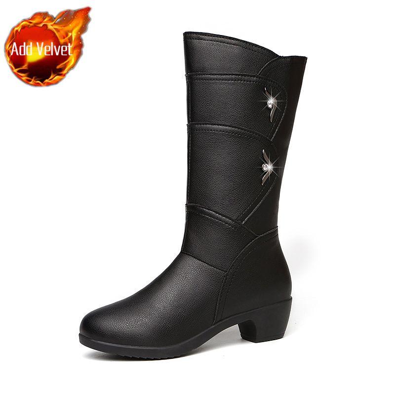 Fashion Autumn Winter Fleece-Lined Black Half High Boots for Women Y2k Waterproof Footwear Sale 2025 Novelty New Pu Mid Calf Shoes Woman