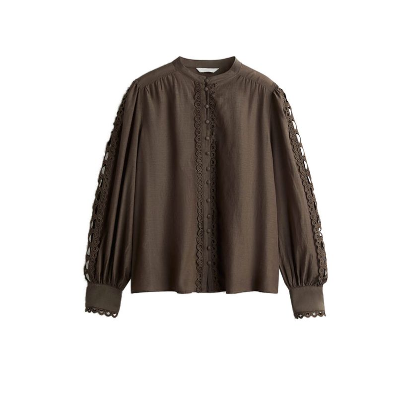 

Fall New Women s Clothing French Style Casual Chinese Collar Lantern Sleeve Lace Trim Shirt Tops 1303736 Dark brown L