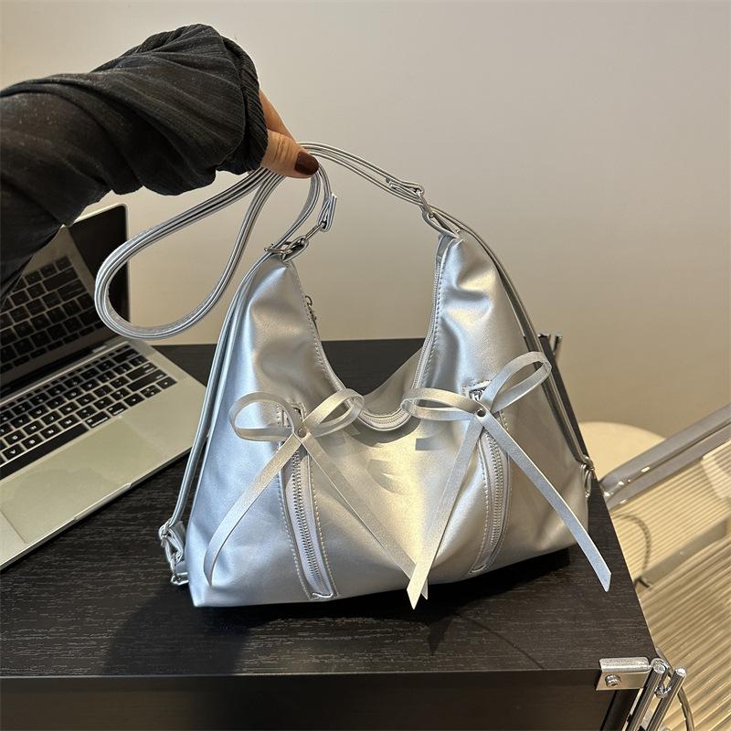 Korean Style Bowknot Faux Leather Bucket Bag for Women, Soft Single Shoulder Hobo Purse, Chic Casual Crossbody Handbag
