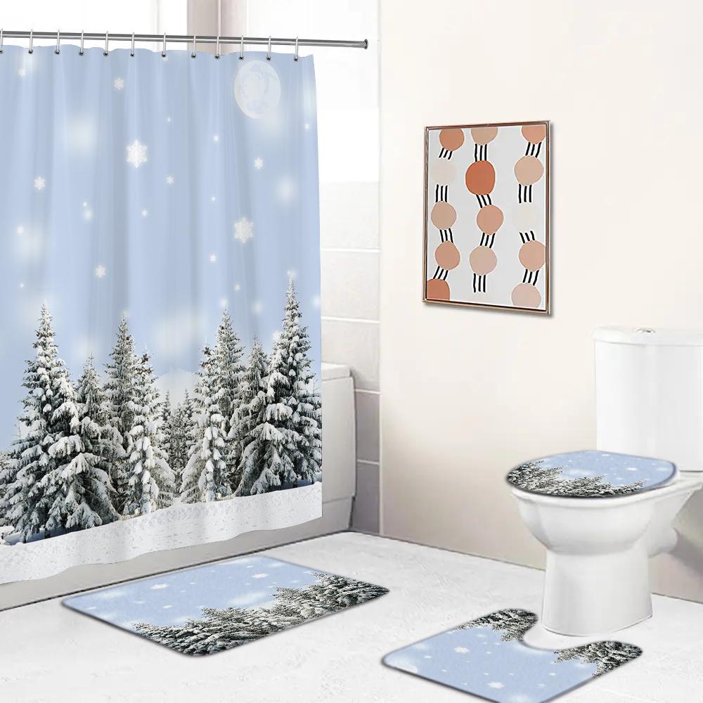 Snow Cedar Landscape Christmas Bathroom Shower Curtain Set Waterproof Bathtub Curtains Toilet Cover Mat Non Slip Rug Set