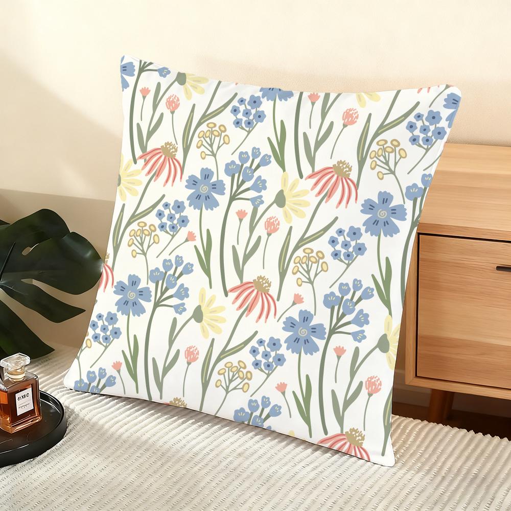 Spring Flower Print Cushion Cover Soft Short Plush Pillow Cover Smooth Cozy Texture Aesthetic Cushion Case Home Decor