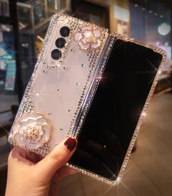 Luxury Diamond Pearl Camellia Phone Cover for Samsung Galaxy Z Fold 5 4 3 2 Bling Rhinestone Flower Transparent Hard PC Case
