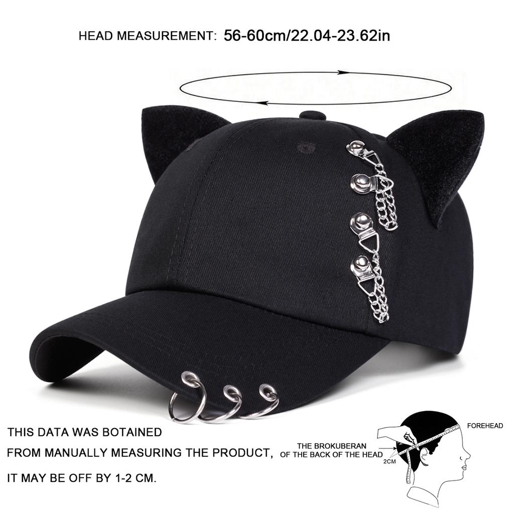 Men Gothic Cat Ear Baseball Cap Chain Iron Ring Outdoor Adjustable Sunscreen Leisure Hat Spring Autumn Travel Tourism Beach Vacation