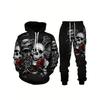 Men's Trendy 3D Luminous Skull Print Autumn And Winter Sweatshirt And Sweatpants 2pcs Set