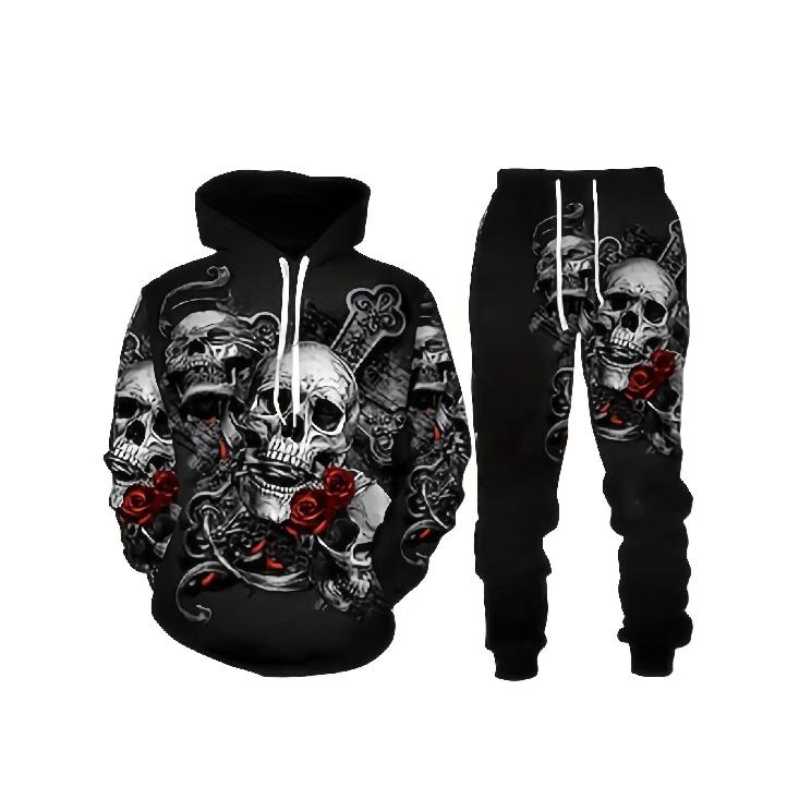 Men's Trendy 3D Luminous Skull Print Autumn And Winter Sweatshirt And Sweatpants 2pcs Set