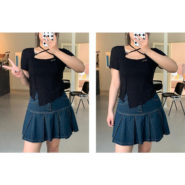 Women's Short Skirt Large Size Denim Half Body Skirt Sexy High Waist Short Skirt Pleated Waist A Word Half Body Skirt