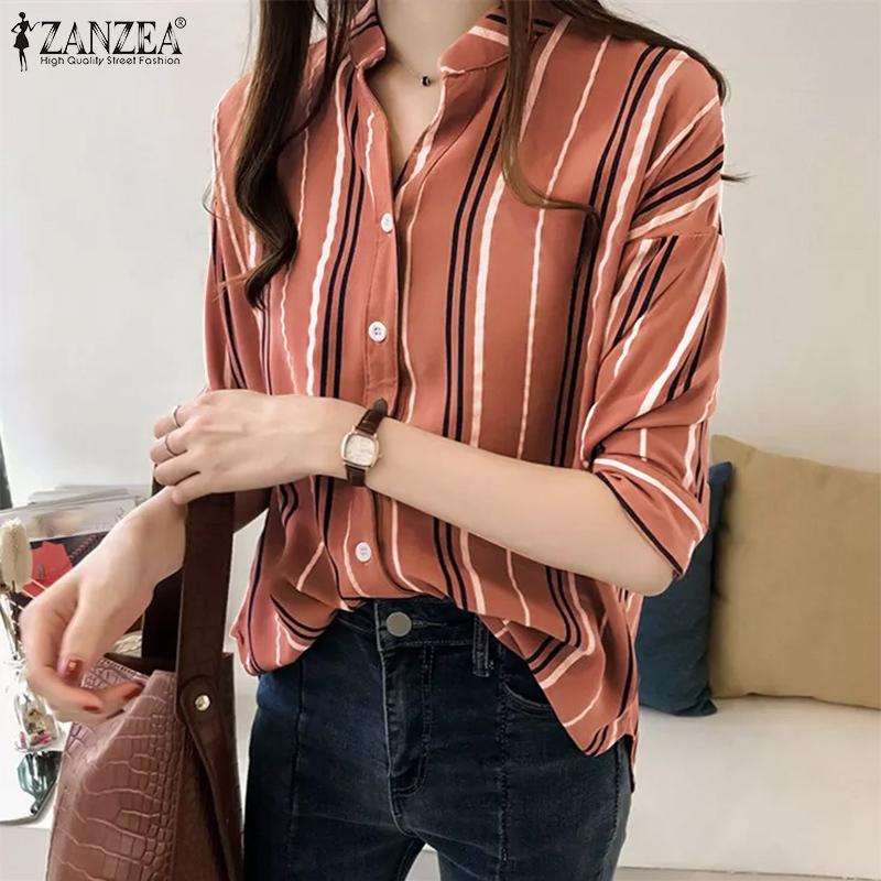 

ZANZEA Женщины Повседневный V-образный вырез Половина рукава Летняя полосатая блузка