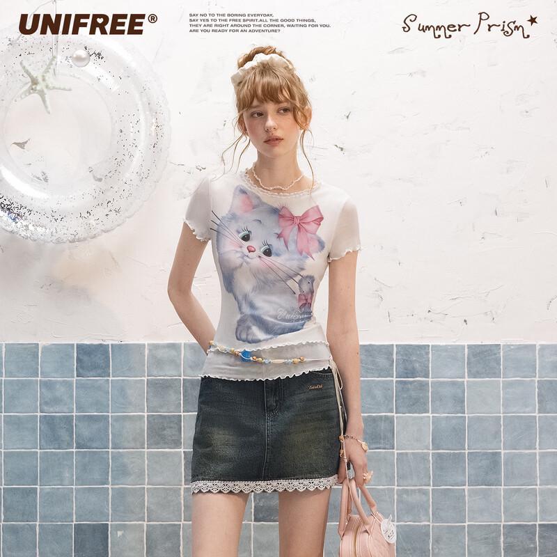 

UNIFREE Cat Print Ruffle Hem T-shirt S