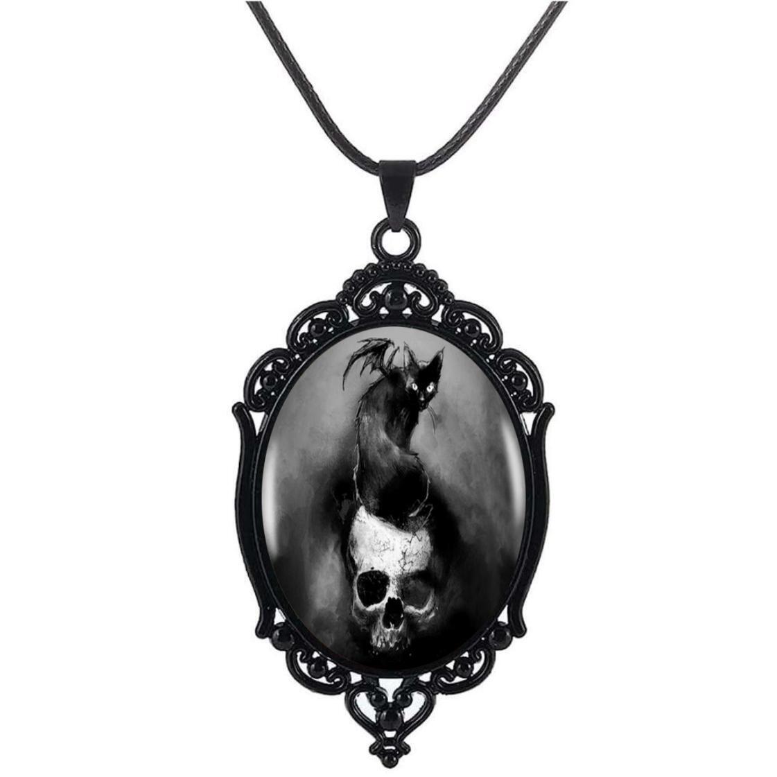 

Gothic Retro Black Oval Lacework Frame Black Cat Bat Skull Pendant Leather Rope Necklace for Women Men Halloween Party Jewelry чёрный