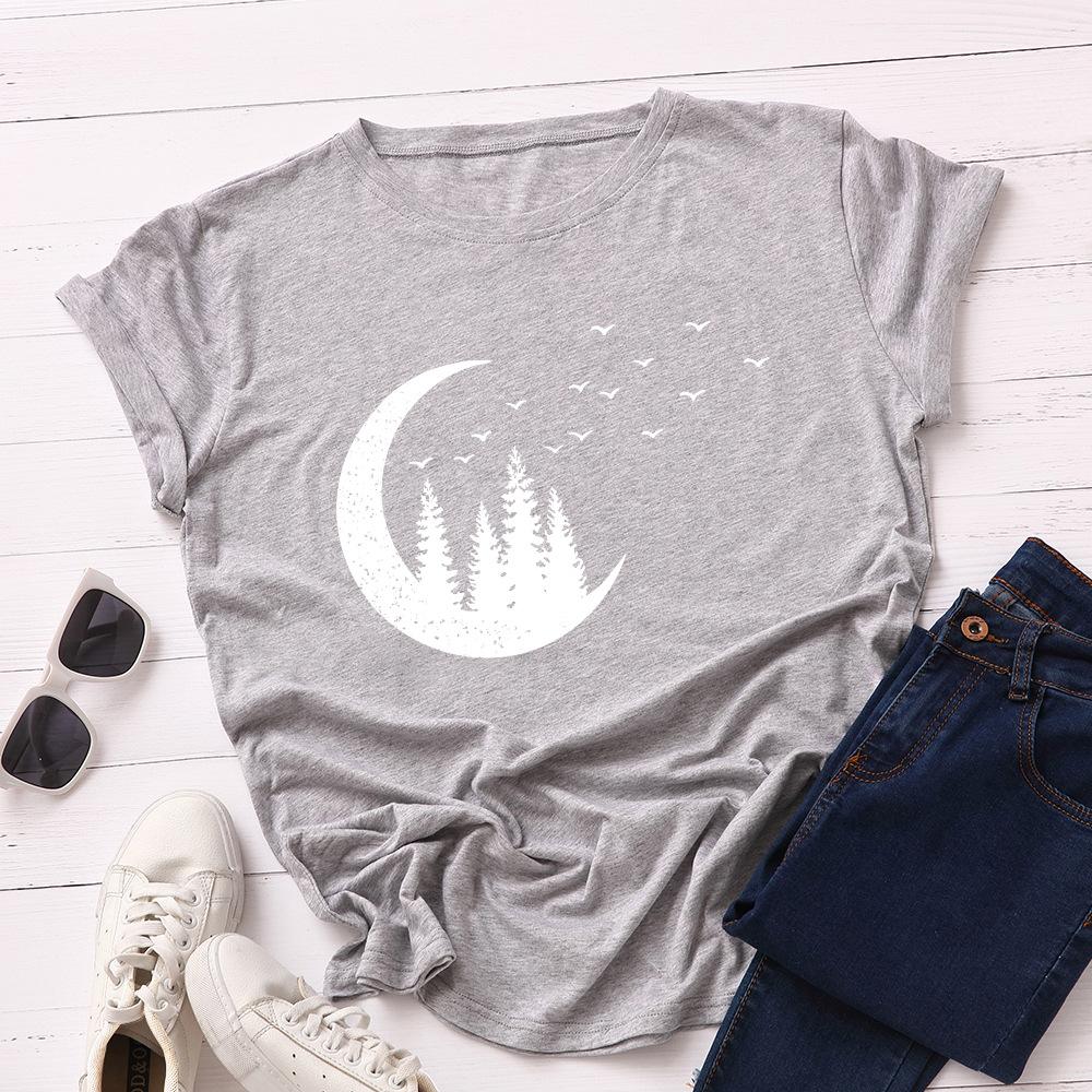 Starry Sky Moon Forest Pattern Cotton Loose Round Neck Short Sleeve Women's T-shirts
