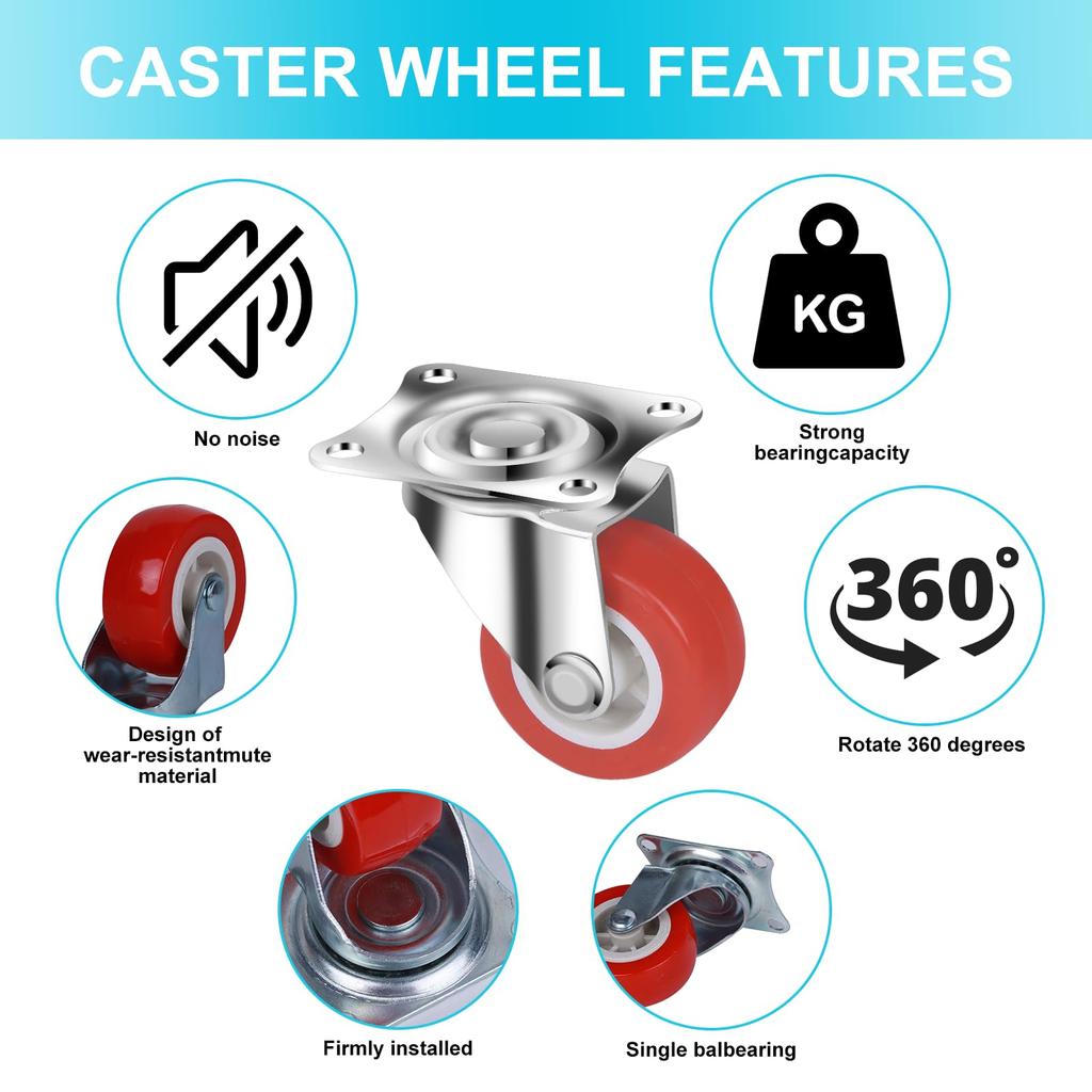 Car Heavy Duty Swivel Castor Silent Trolley 360 Degrees Swivel 1.5 Inch Red Wheels for Car Tool Platform Trolley Accessorie Tool