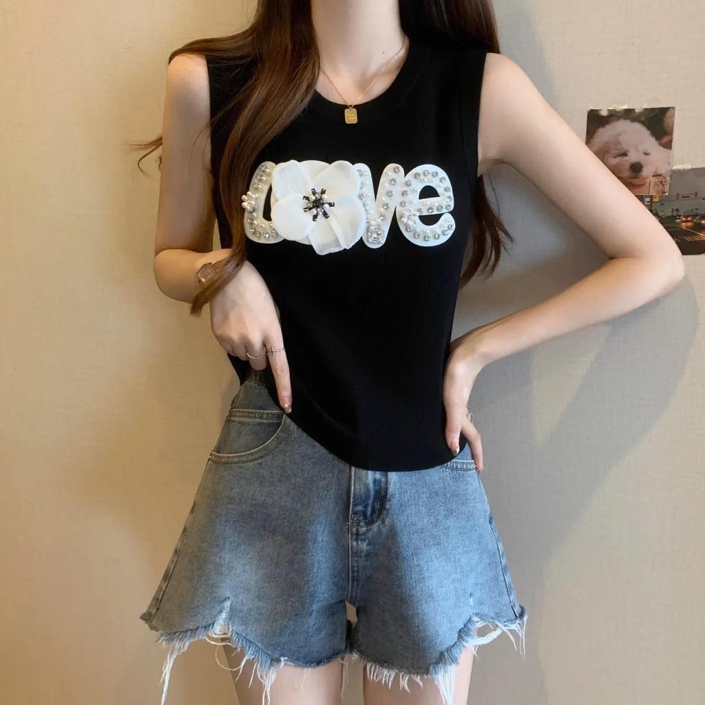 WTEMPO Nail Bead Embroidery Women's Spring Summer Large Size Black Casual Camisole Vests Autumn Versatile O-Neck Sleeveless Knitted Tank Tops