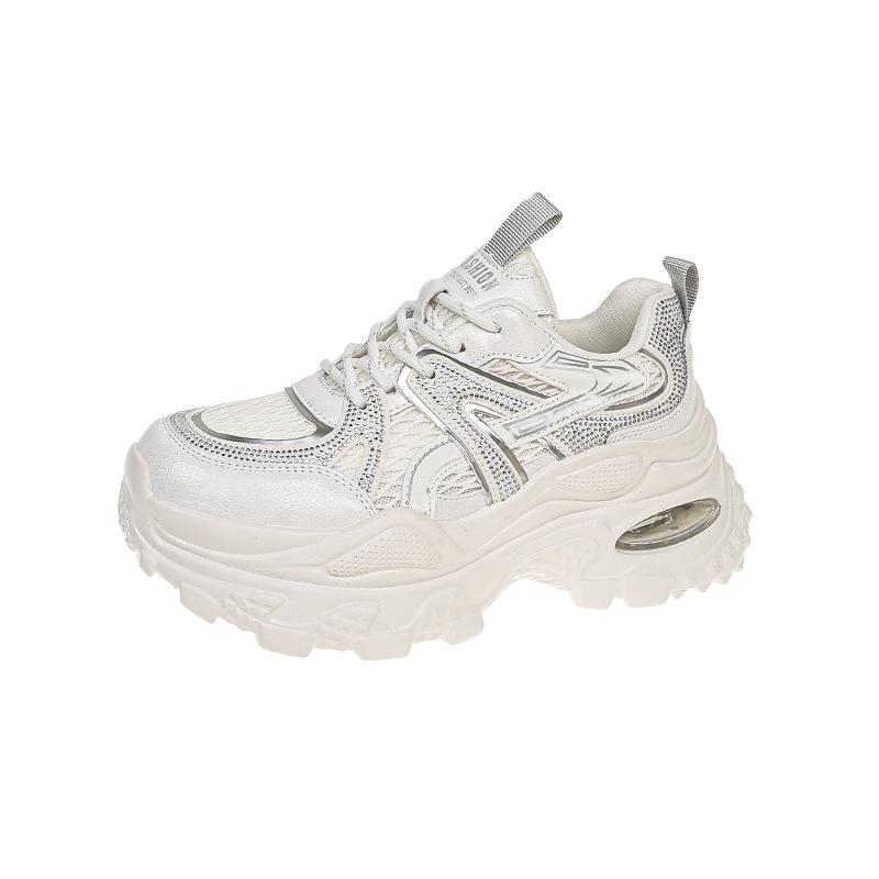 European station leather mesh platform dad shoes women 2025 new versatile round head lace-up casual sports shoes trendy shoes