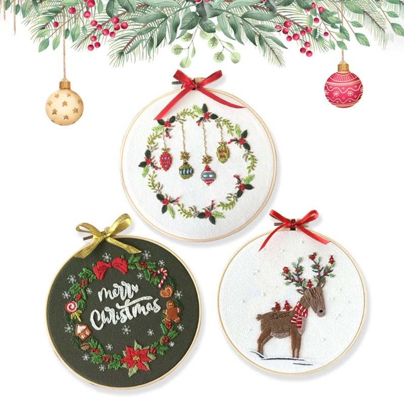 Full Ranges of Stamped Christmas Ornament Embroidery Set for Beginner, Christmas Wreath Cross Stitching Starter Kits