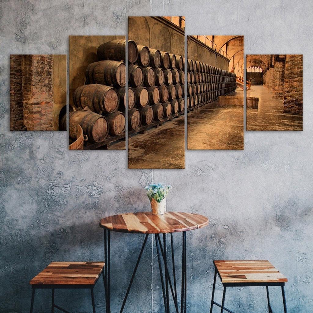 Oak Wood Wine Barrels Canvas 5 Piece Five Panel Wall Print Modern Art Poster Picture Home Decor Gift For Him For Her