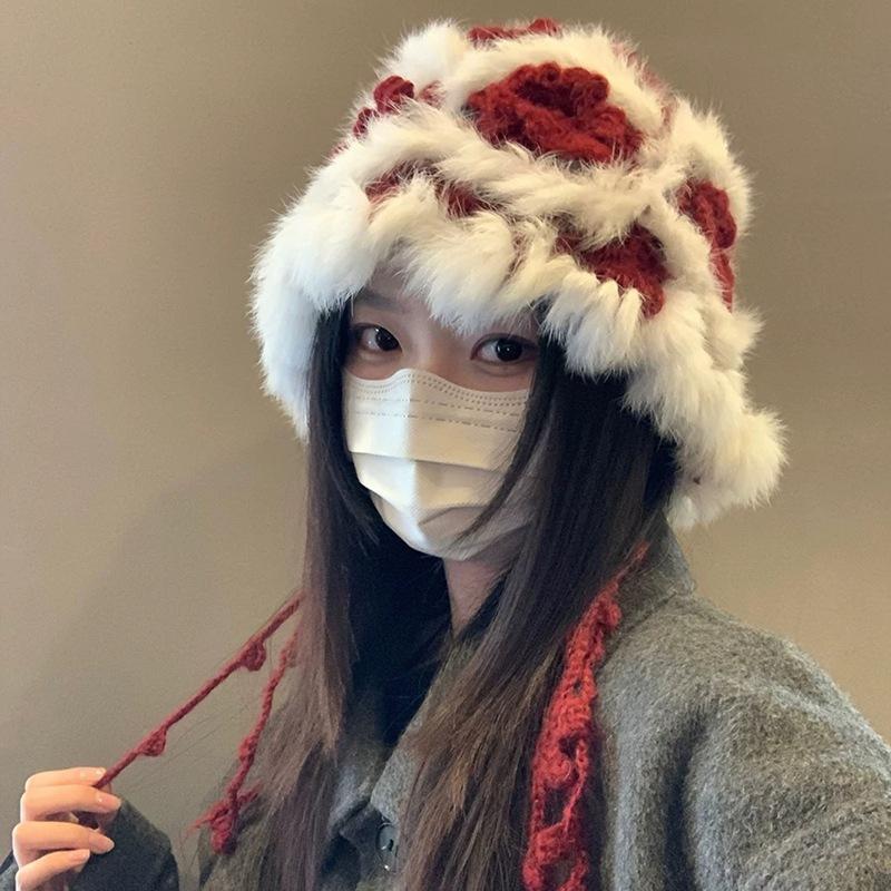 Rabbit fur flower knitted plush hat women's autumn and winter thickened warm face basin hat small versatile fringed bucket hat