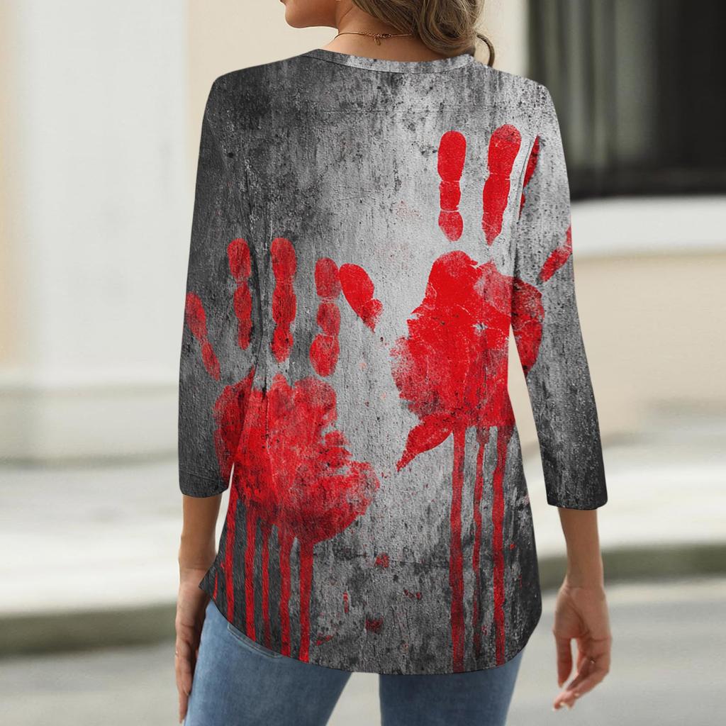 Women's Casual Halloween Print V Neck Button Front Three Quarter Sleeve T Shirt Top Lightweight Comfortable Fit for Everyday Wear