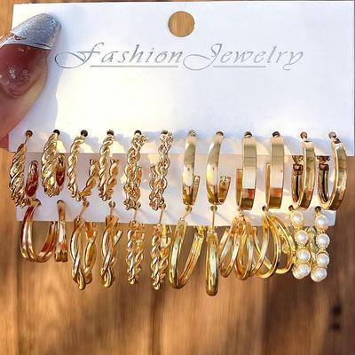 European & American Vintage Pearl Geometric Gold Hoop & Stud Earrings Set - 6 Pieces