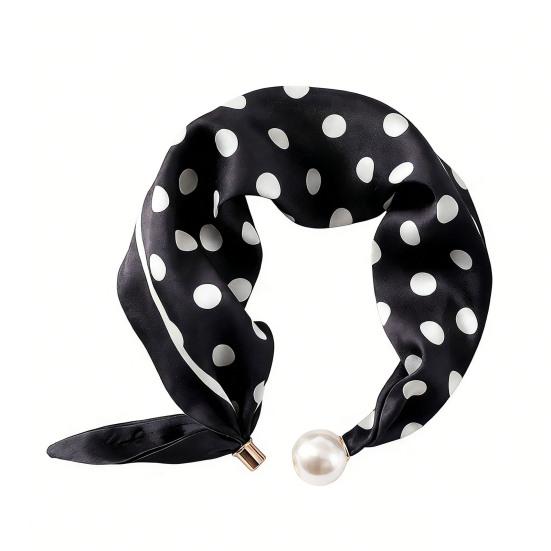 Women Silk Scarf Striped Leopard Dot Print Silk Scarf Necklace with Faux Pearl Magnetic Buttons Formal Wear Accessories
