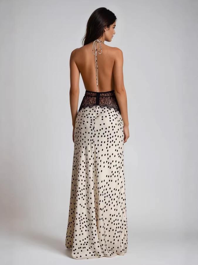2026 European & American Style Polka Dot Women's Long Dress - Fashionable, Sexy, Backless, Waist-Cinching
